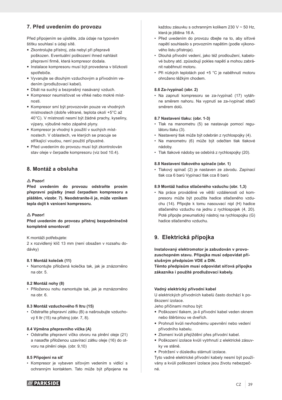 Elektrická přípojka, Před uvedením do provozu, Montáž a obsluha | Parkside PKO 270 A1 User Manual | Page 44 / 68