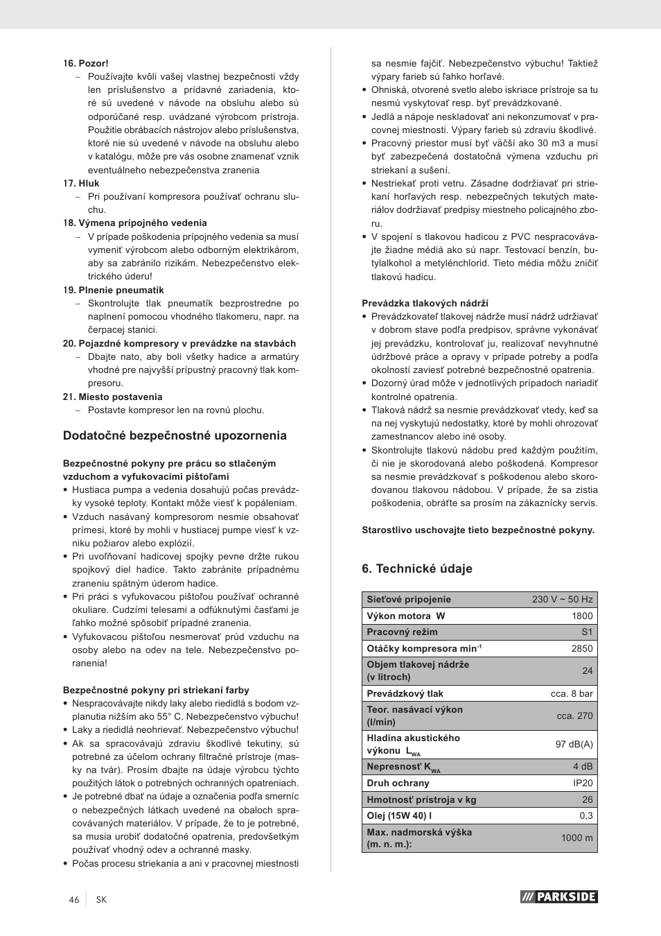 Dodatočné bezpečnostné upozornenia, Technické údaje | Parkside PKO 270 A1 User Manual | Page 51 / 68