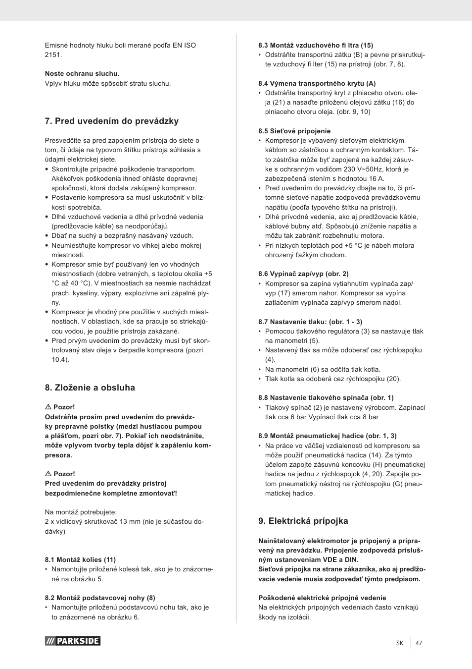 Pred uvedením do prevádzky, Zloženie a obsluha, Elektrická prípojka | Parkside PKO 270 A1 User Manual | Page 52 / 68