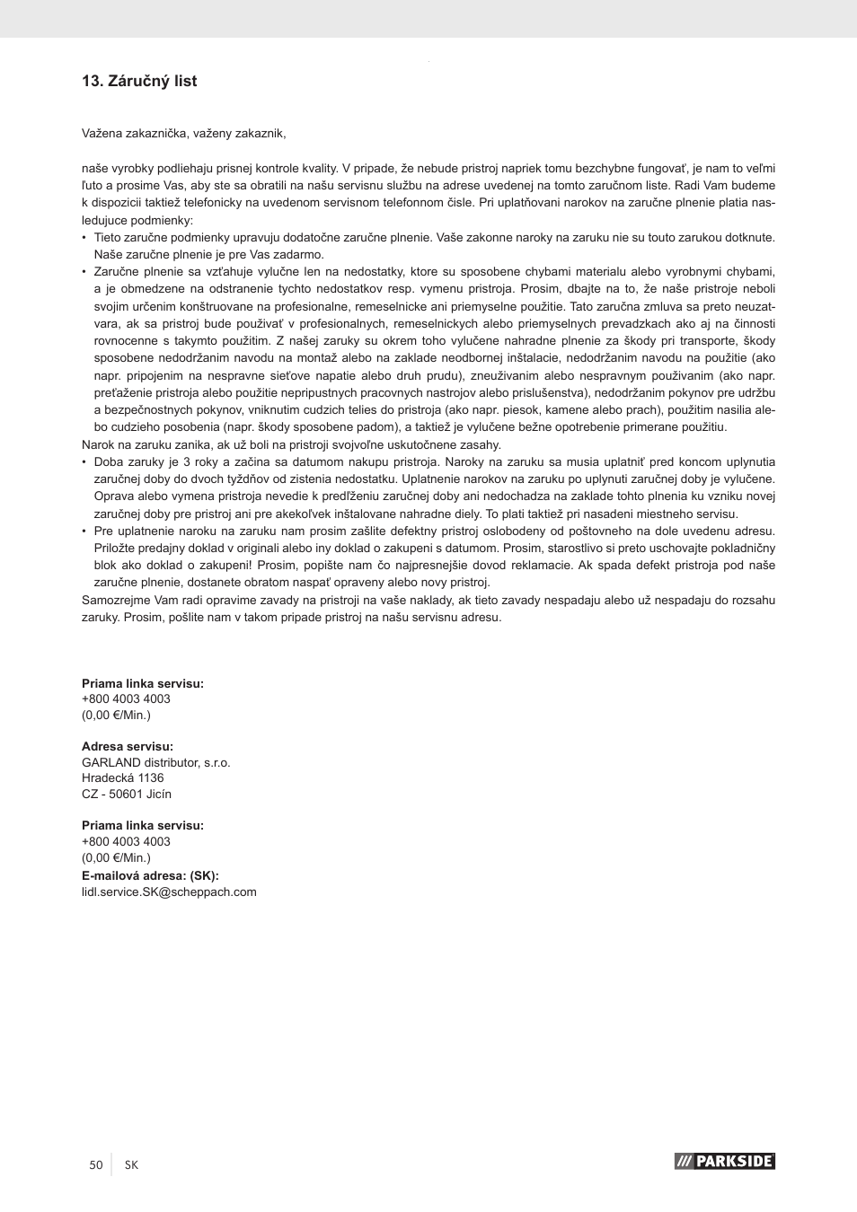 Záručný list | Parkside PKO 270 A1 User Manual | Page 55 / 68
