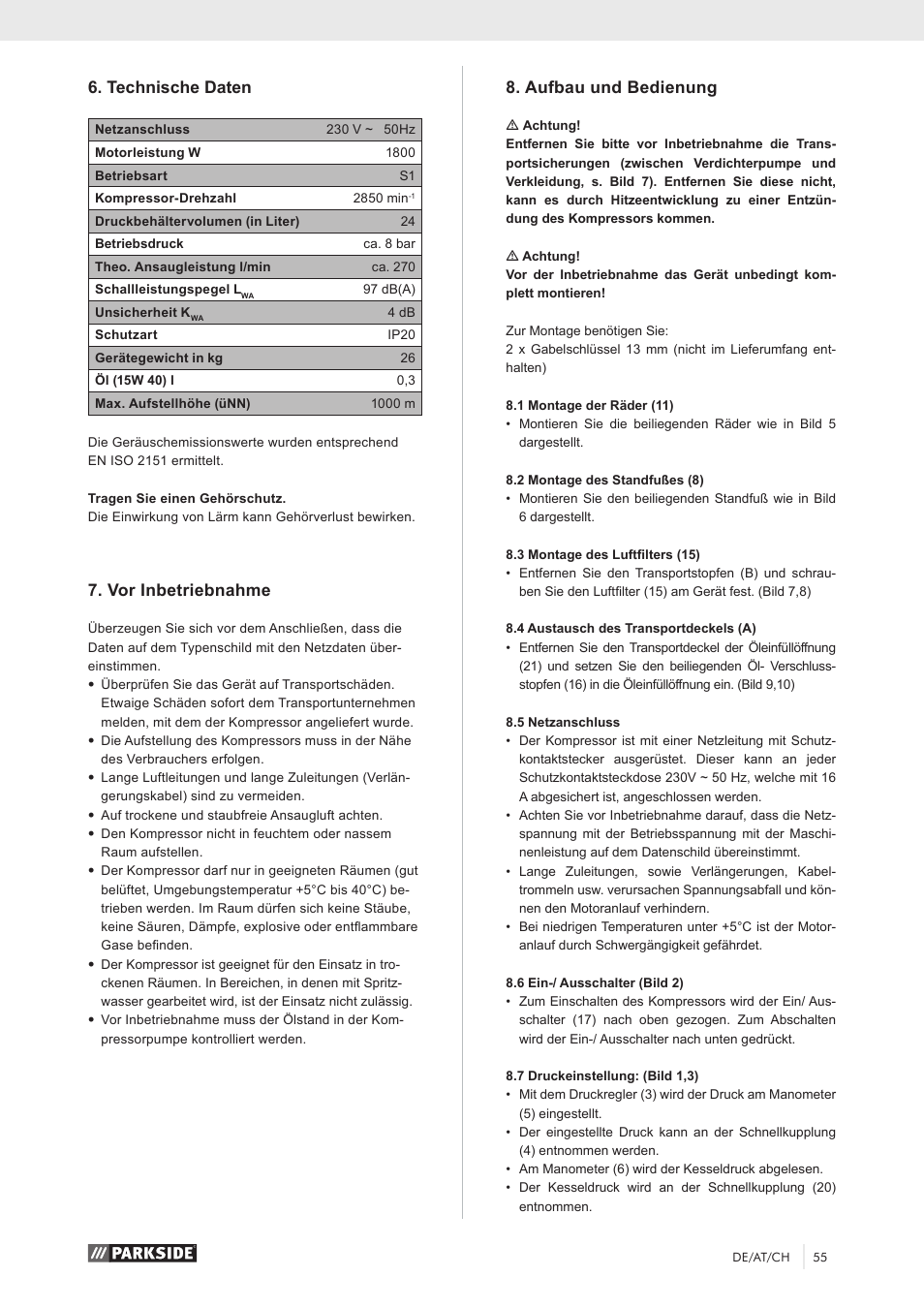 Technische daten, Vor inbetriebnahme, Aufbau und bedienung | Parkside PKO 270 A1 User Manual | Page 60 / 68