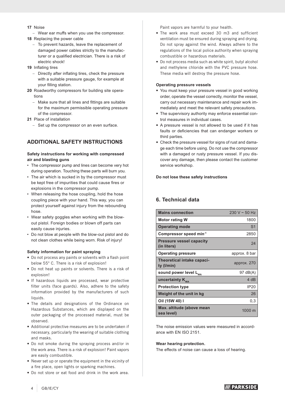 Additional safety instructions, Technical data | Parkside PKO 270 A1 User Manual | Page 9 / 68