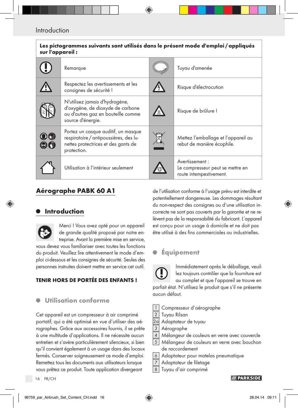 Aérographe pabk 60 a1 introduction, Utilisation conforme, Équipement | Parkside PABK 60 A1 User Manual | Page 16 / 44