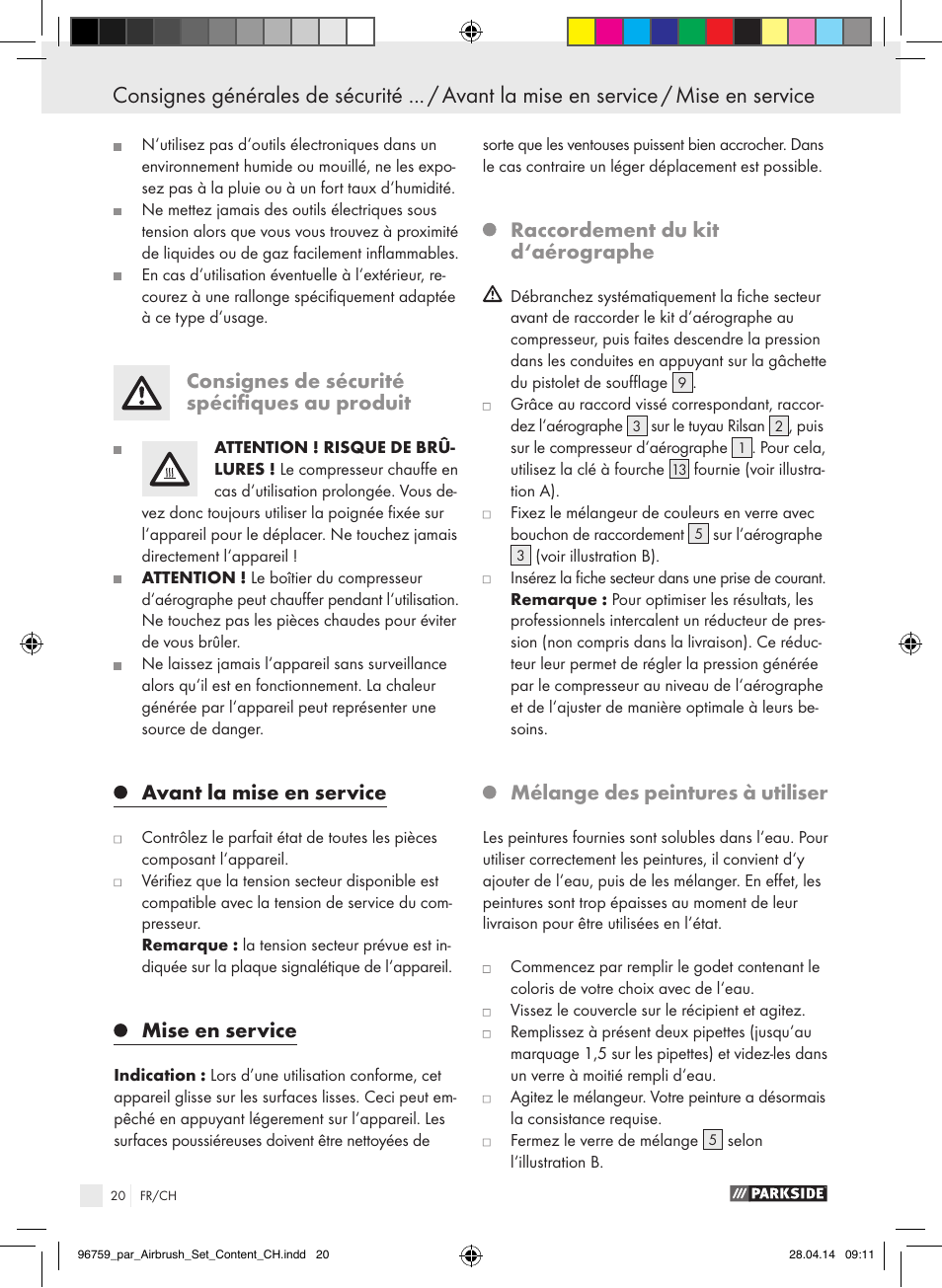 Consignes de sécurité spécifiques au produit, Avant la mise en service, Mise en service | Raccordement du kit d‘aérographe, Mélange des peintures à utiliser | Parkside PABK 60 A1 User Manual | Page 20 / 44