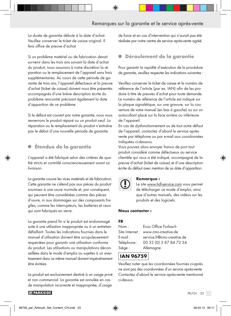 Étendue de la garantie, Déroulement de la garantie | Parkside PABK 60 A1 User Manual | Page 23 / 44