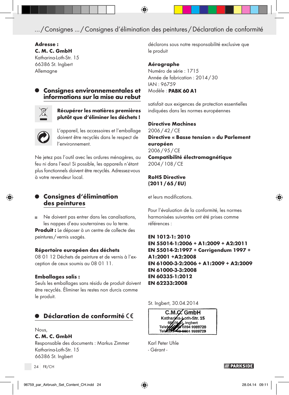 Indice, Consignes d‘élimination des peintures, Déclaration de conformité | Parkside PABK 60 A1 User Manual | Page 24 / 44