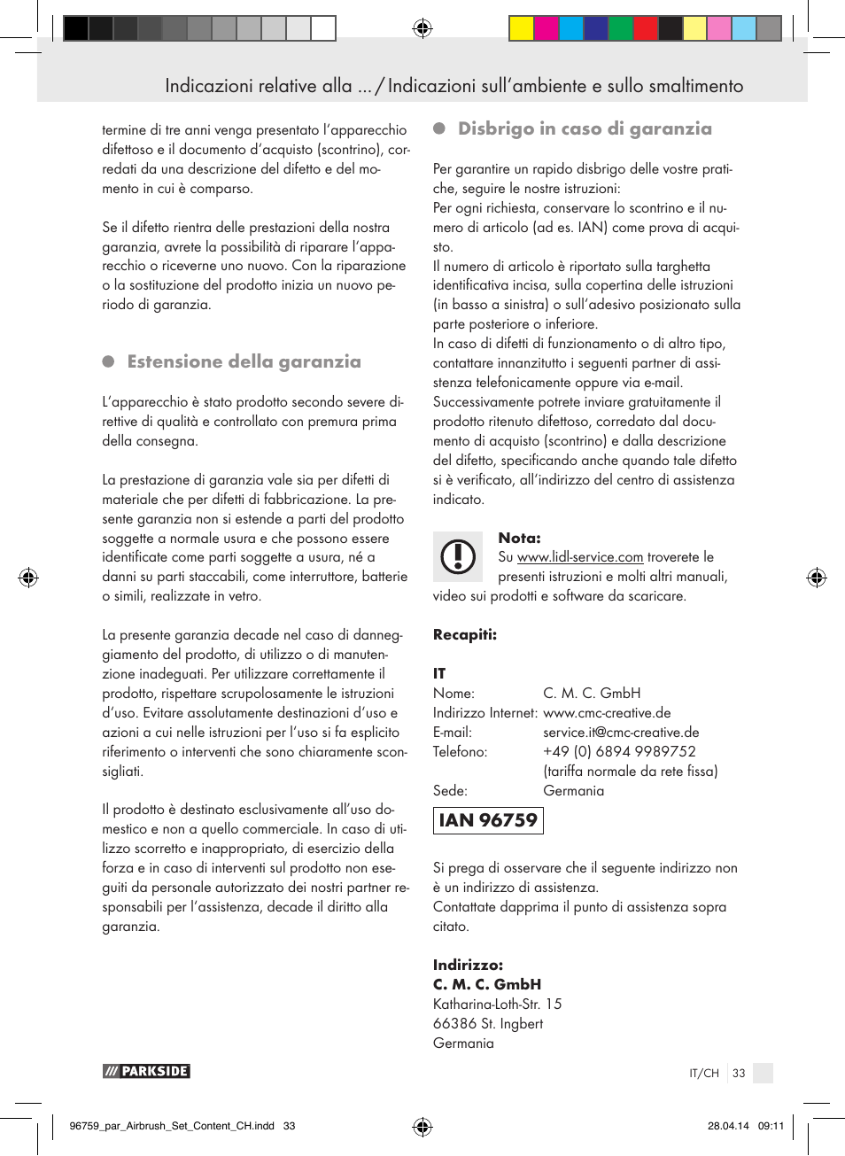 Estensione della garanzia, Disbrigo in caso di garanzia | Parkside PABK 60 A1 User Manual | Page 33 / 44