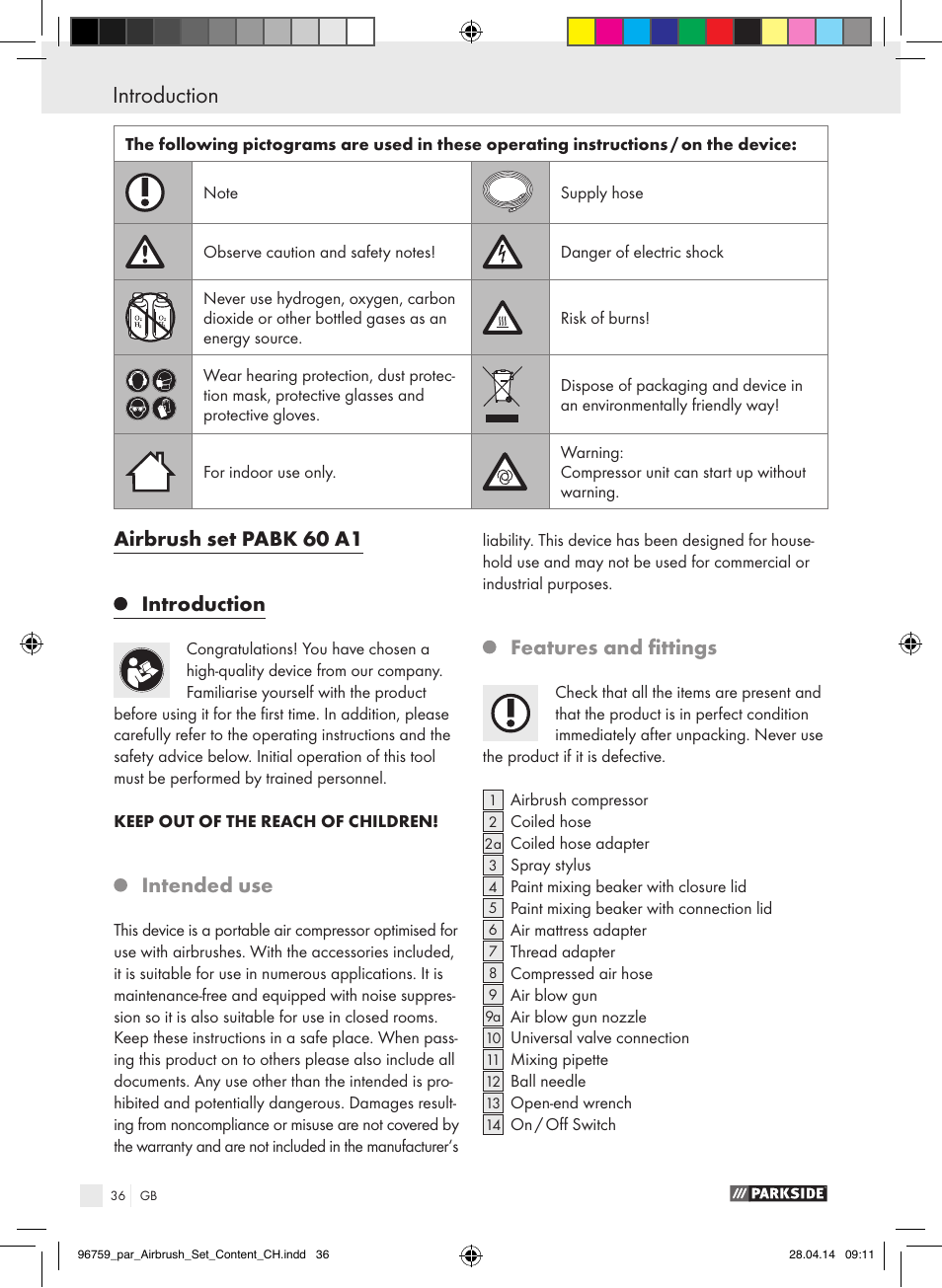 Airbrush set pabk 60 a1 introduction, Intended use, Features and fittings | Parkside PABK 60 A1 User Manual | Page 36 / 44