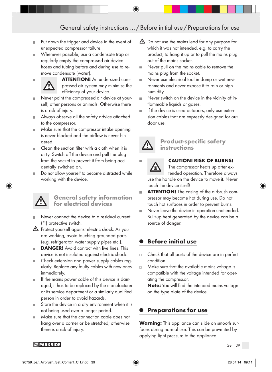 General safety information for electrical devices, Product-specific safety instructions, Before initial use | Preparations for use | Parkside PABK 60 A1 User Manual | Page 39 / 44