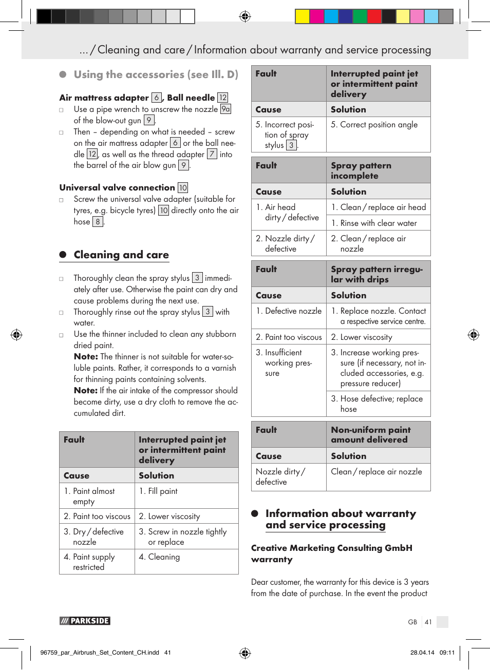 Preparations for use, Using the accessories (see ill. d), Cleaning and care | Information about warranty and service processing | Parkside PABK 60 A1 User Manual | Page 41 / 44