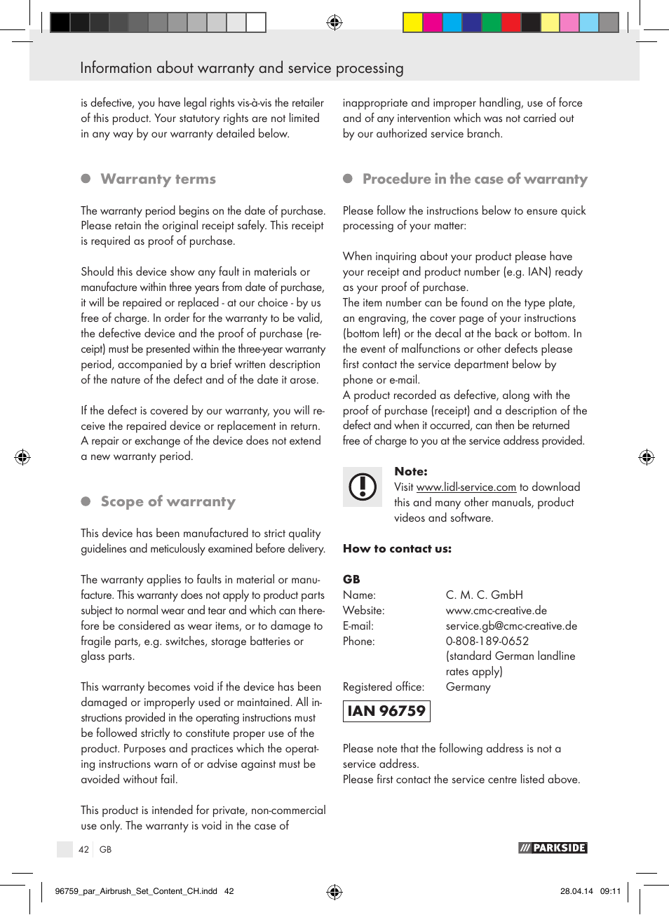 Warranty terms, Scope of warranty, Procedure in the case of warranty | Parkside PABK 60 A1 User Manual | Page 42 / 44