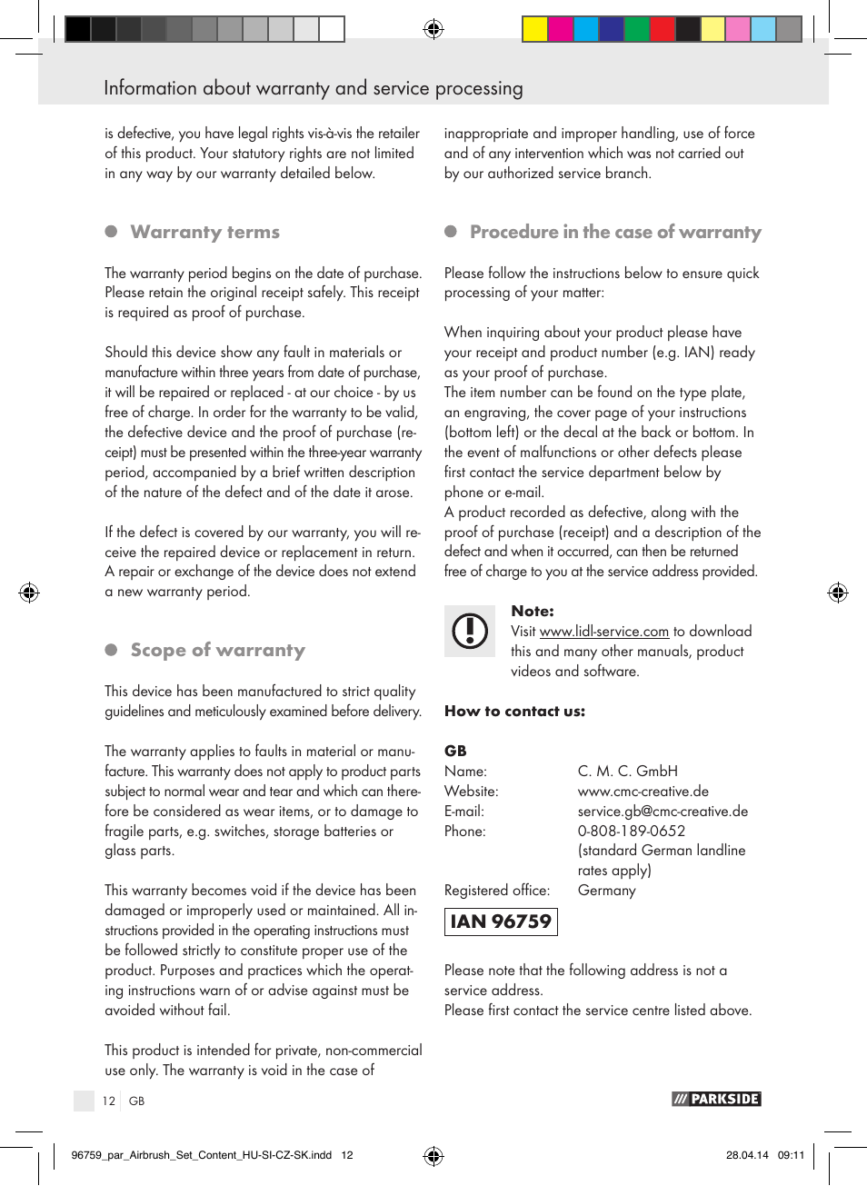 Warranty terms, Scope of warranty, Procedure in the case of warranty | Parkside PABK 60 A1 User Manual | Page 12 / 65