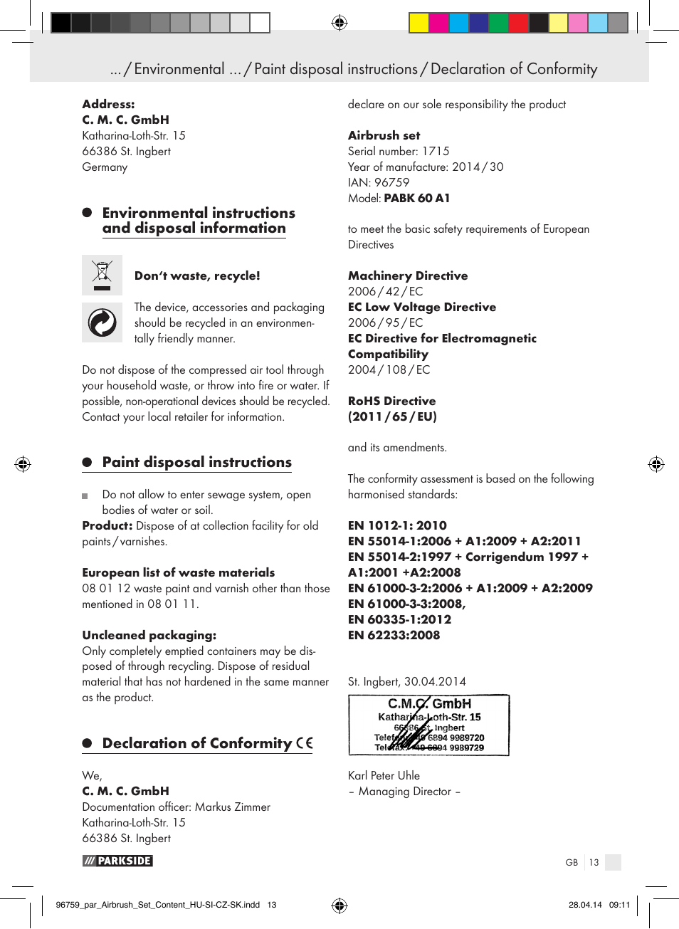 Paint disposal instructions, Declaration of conformity | Parkside PABK 60 A1 User Manual | Page 13 / 65