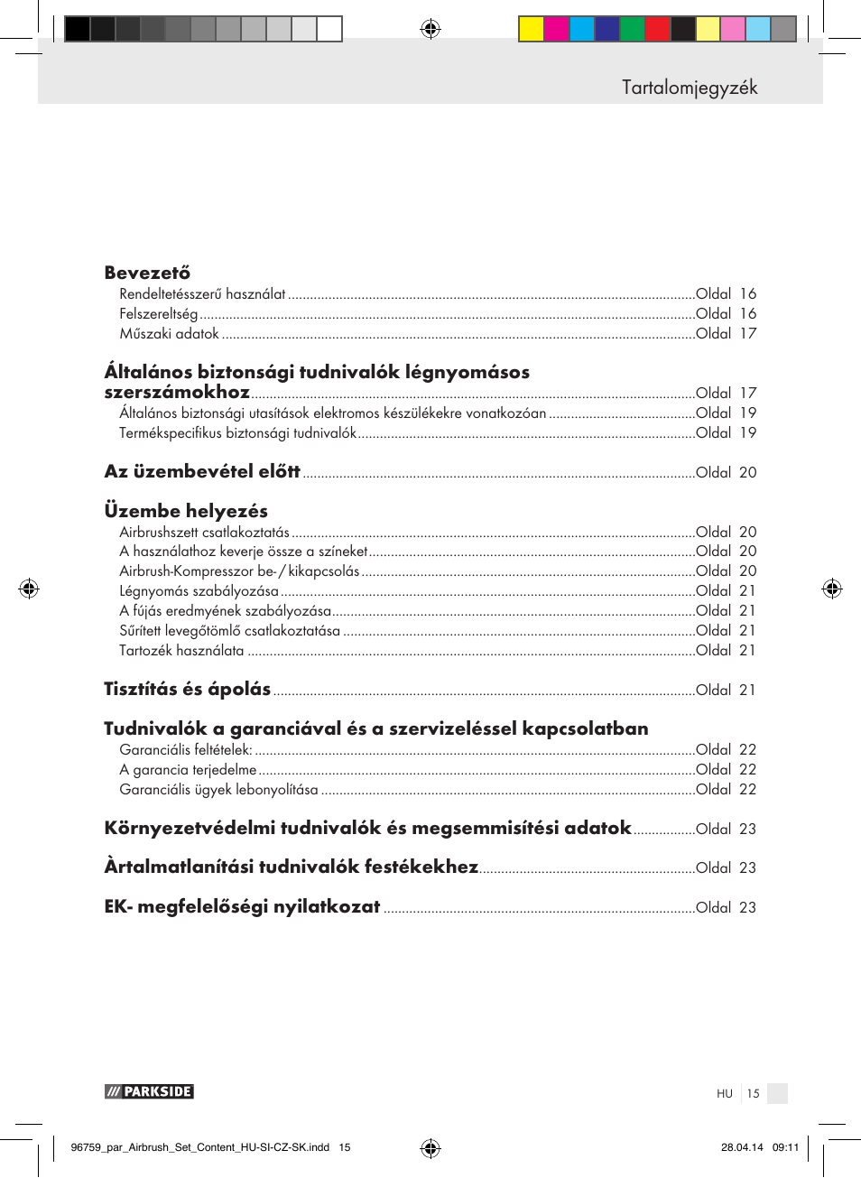 Tartalomjegyzék | Parkside PABK 60 A1 User Manual | Page 15 / 65