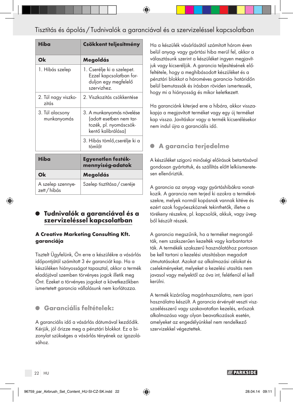 Garanciális feltételek, A garancia terjedelme | Parkside PABK 60 A1 User Manual | Page 22 / 65