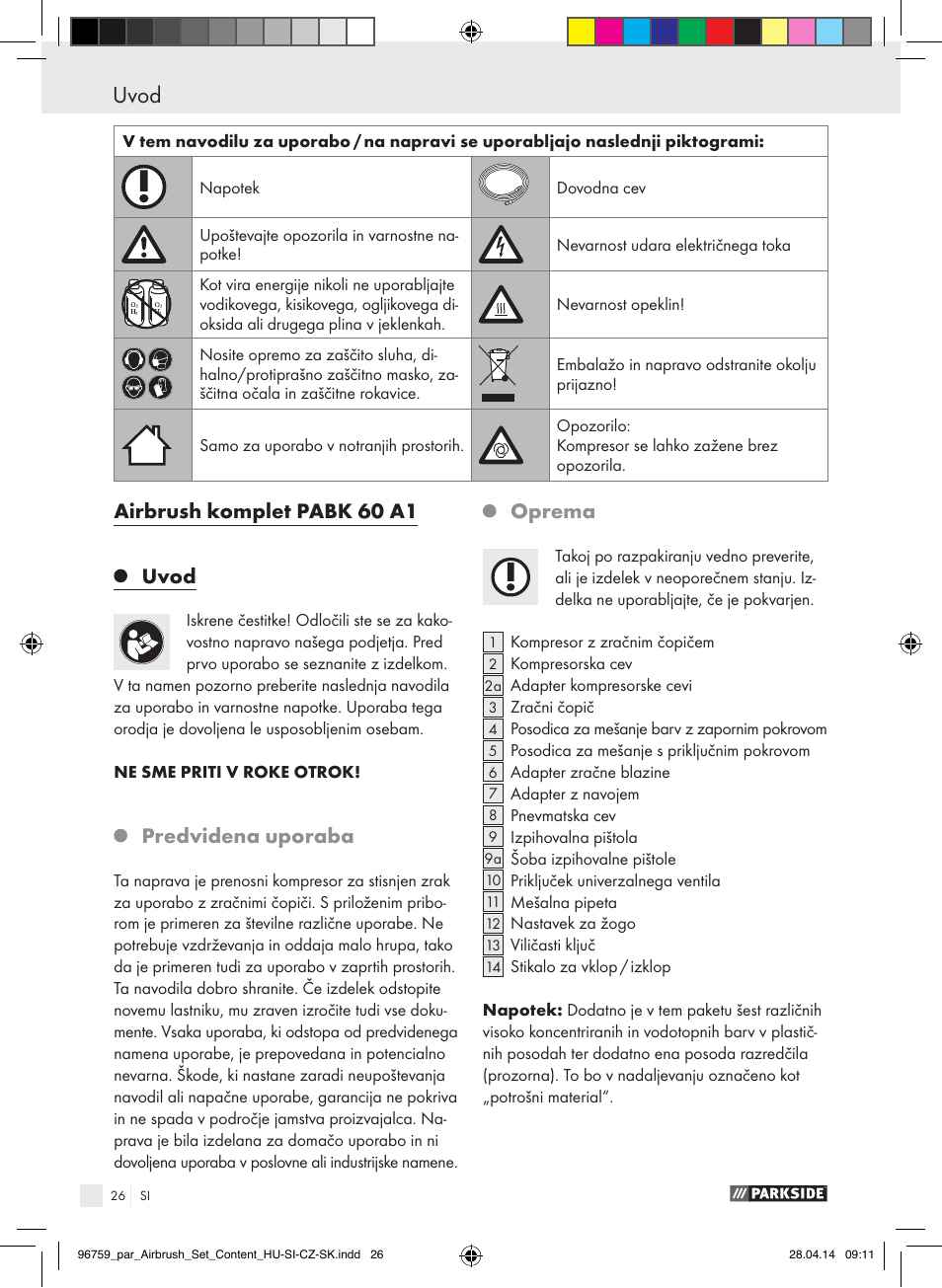 Airbrush komplet pabk 60 a1 uvod, Predvidena uporaba, Oprema | Parkside PABK 60 A1 User Manual | Page 26 / 65