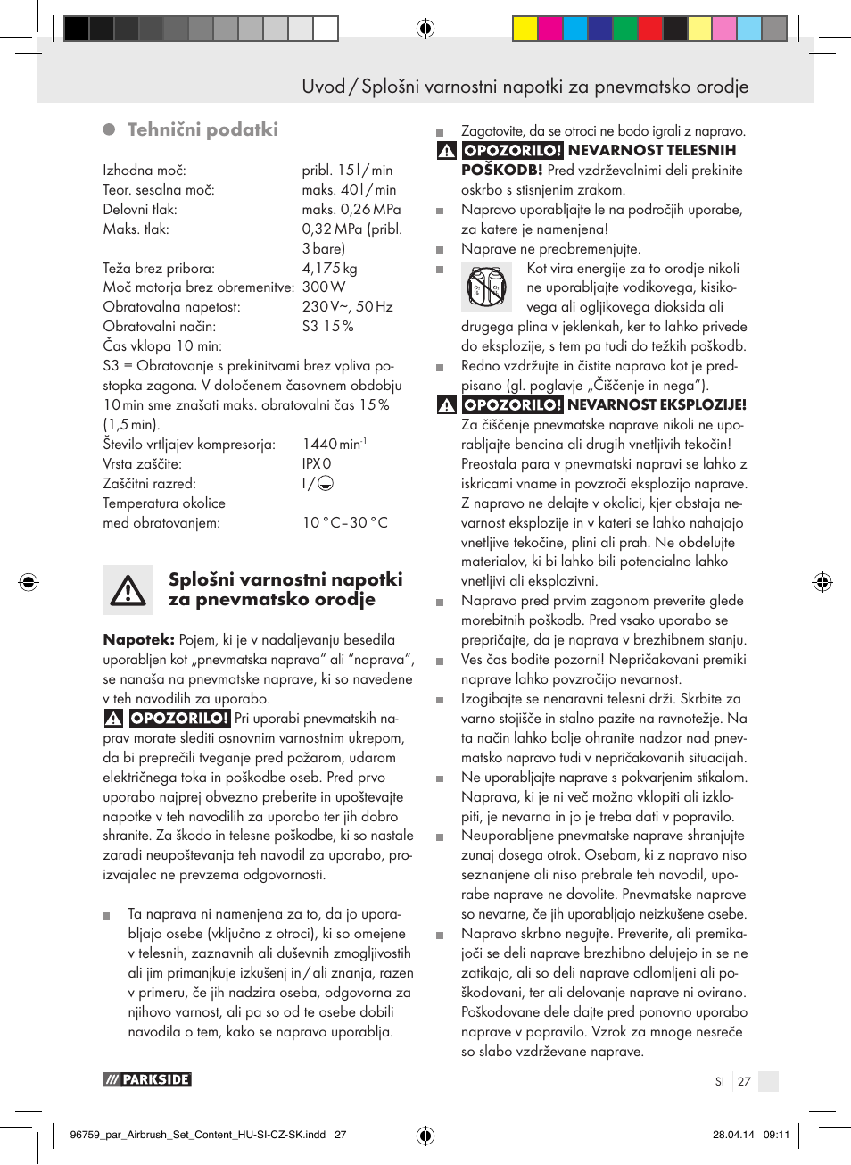 Tehnični podatki, Splošni varnostni napotki za pnevmatsko orodje | Parkside PABK 60 A1 User Manual | Page 27 / 65