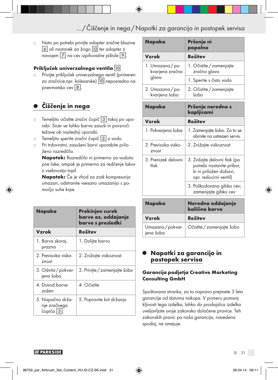 Čiščenje in nega, Napotki za garancijo in postopek servisa | Parkside PABK 60 A1 User Manual | Page 31 / 65