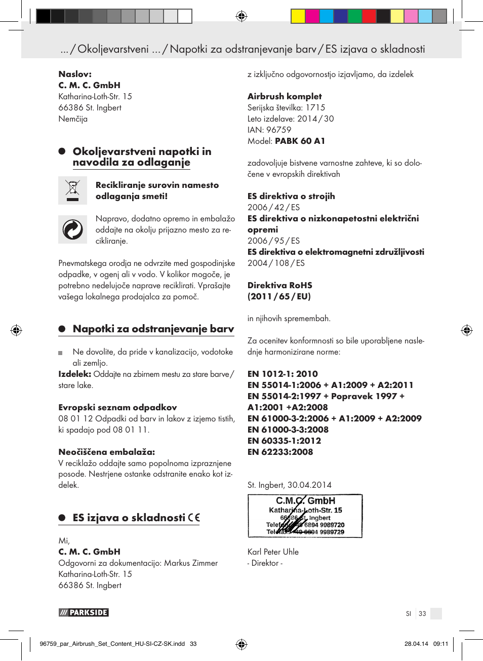 Okoljevarstveni napotki in navodila za odlaganje, Napotki za odstranjevanje barv, Es izjava o skladnosti | Parkside PABK 60 A1 User Manual | Page 33 / 65