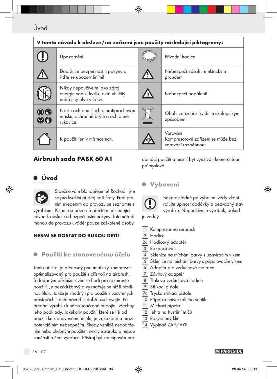 Airbrush sada pabk 60 a1 úvod, Použití ke stanovenému účelu, Vybavení | Parkside PABK 60 A1 User Manual | Page 36 / 65