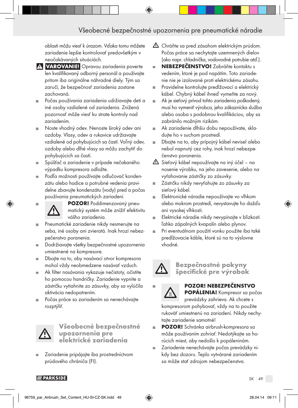 Bezpečnostné pokyny špecifické pre výrobok | Parkside PABK 60 A1 User Manual | Page 49 / 65