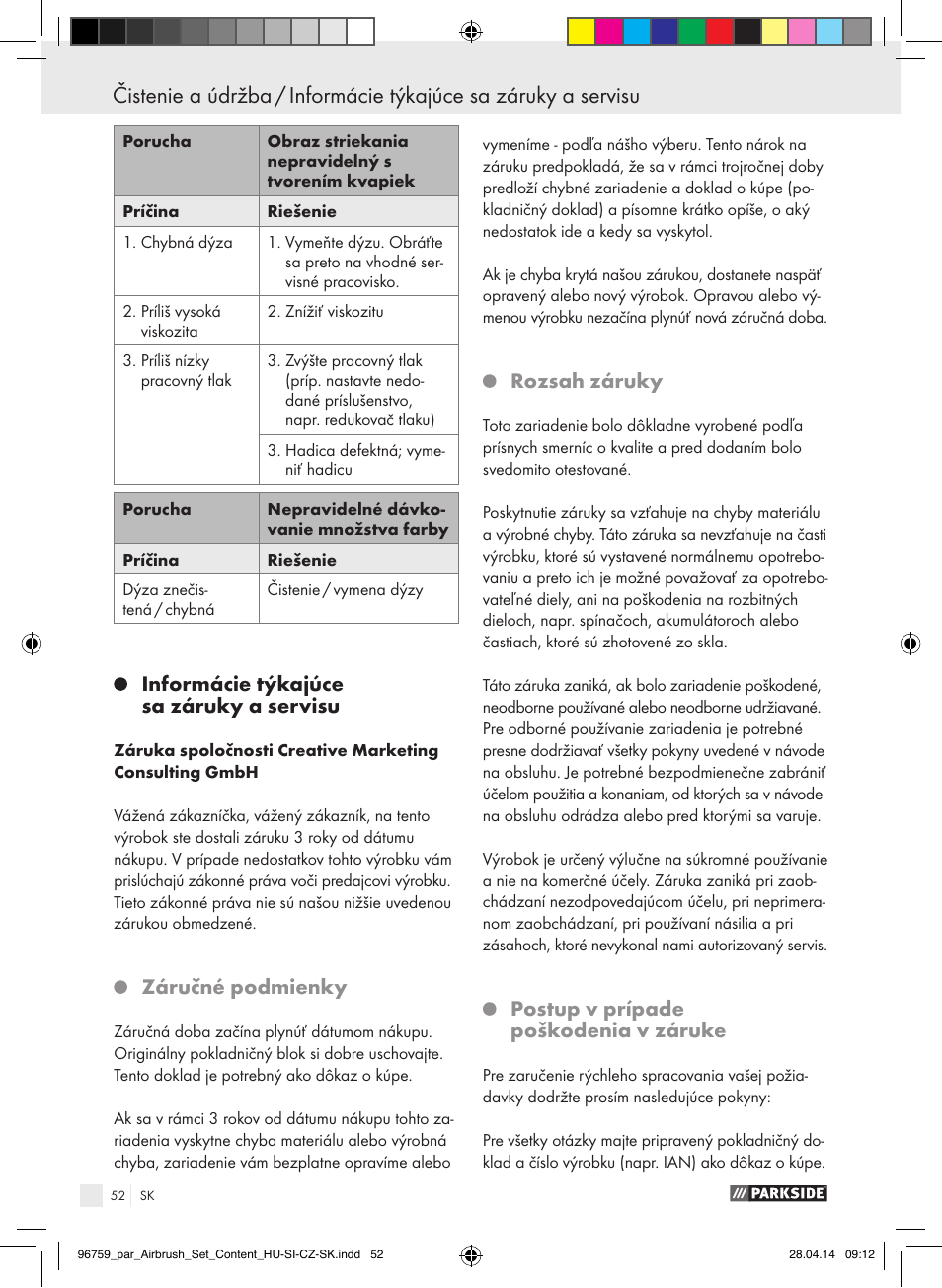 Informácie týkajúce sa záruky a servisu, Záručné podmienky, Rozsah záruky | Postup v prípade poškodenia v záruke | Parkside PABK 60 A1 User Manual | Page 52 / 65