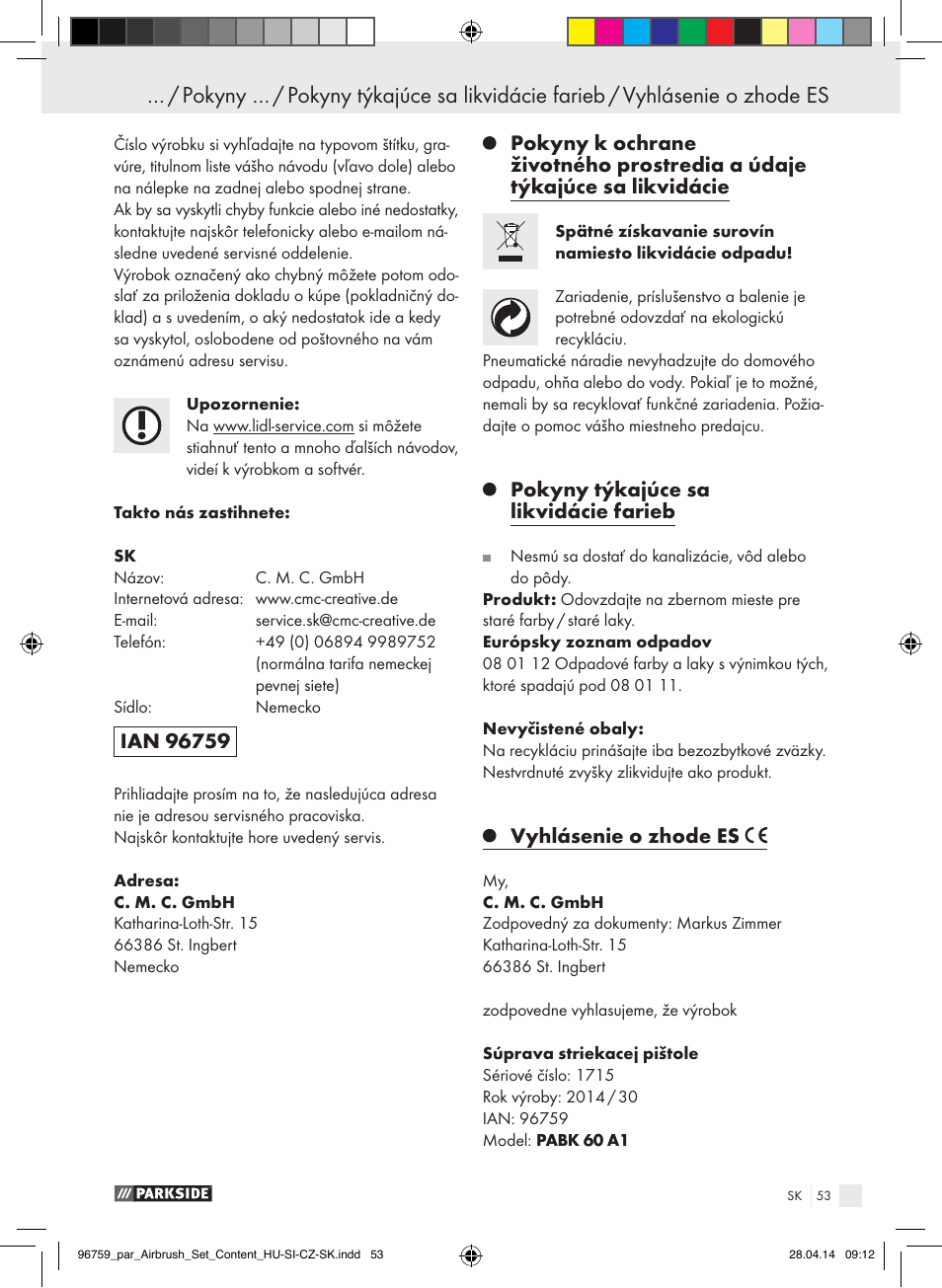 Pokyny týkajúce sa likvidácie farieb, Vyhlásenie o zhode es | Parkside PABK 60 A1 User Manual | Page 53 / 65