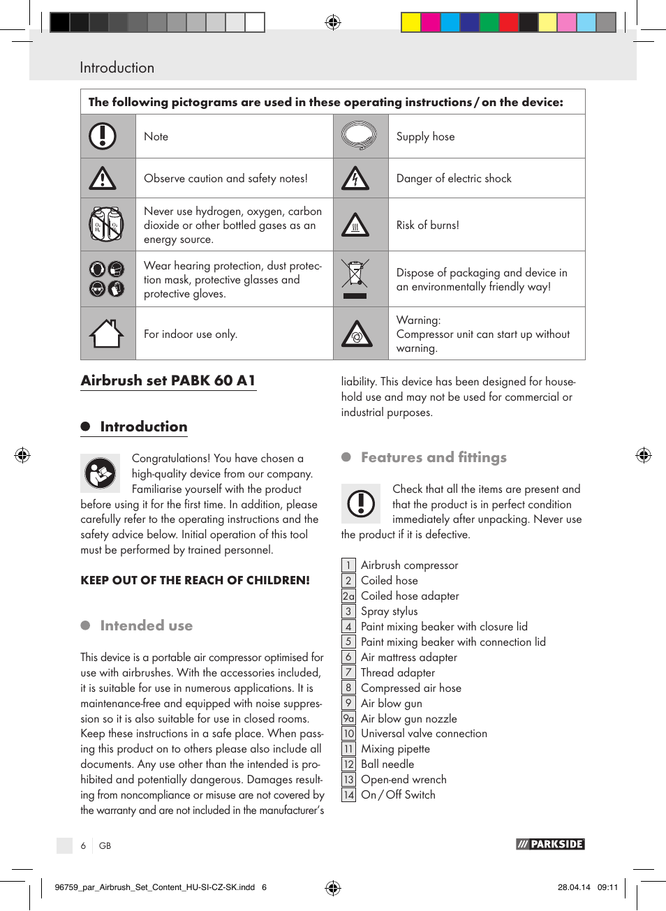 Airbrush set pabk 60 a1 introduction, Intended use, Features and fittings | Parkside PABK 60 A1 User Manual | Page 6 / 65