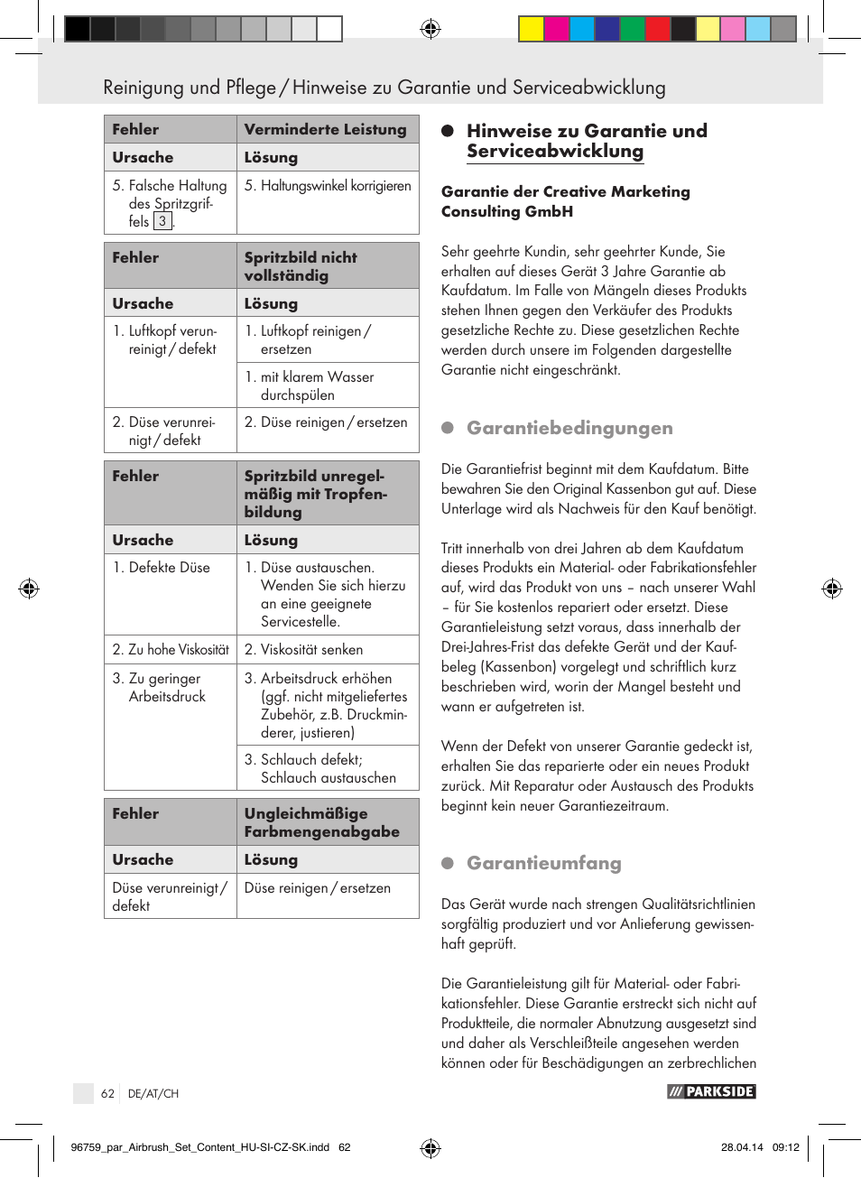 Hinweise zu garantie und serviceabwicklung, Garantiebedingungen, Garantieumfang | Parkside PABK 60 A1 User Manual | Page 62 / 65