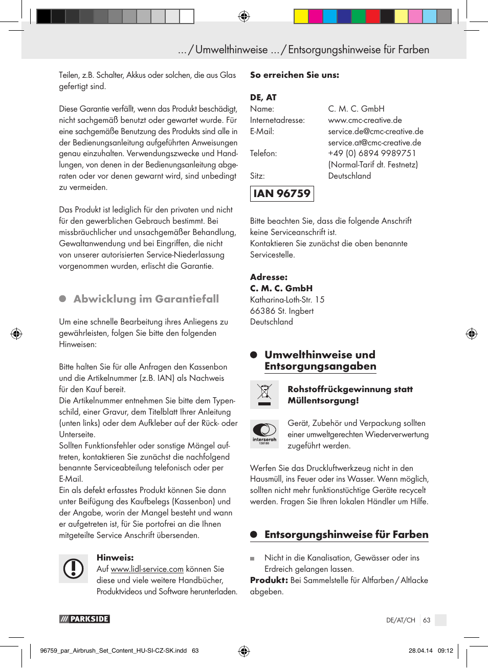 Abwicklung im garantiefall, Umwelthinweise und entsorgungsangaben, Entsorgungshinweise für farben | Parkside PABK 60 A1 User Manual | Page 63 / 65