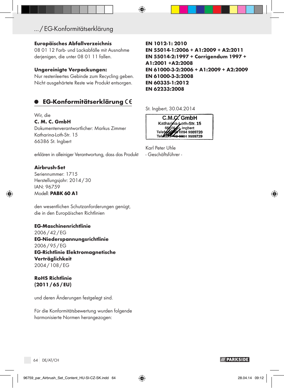 Eg-konformitätserklärung | Parkside PABK 60 A1 User Manual | Page 64 / 65