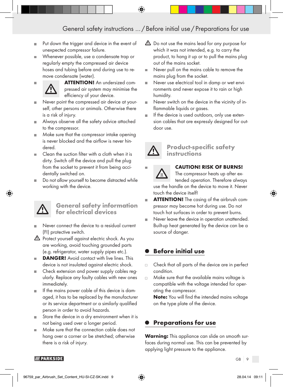 General safety information for electrical devices, Product-specific safety instructions, Before initial use | Preparations for use | Parkside PABK 60 A1 User Manual | Page 9 / 65