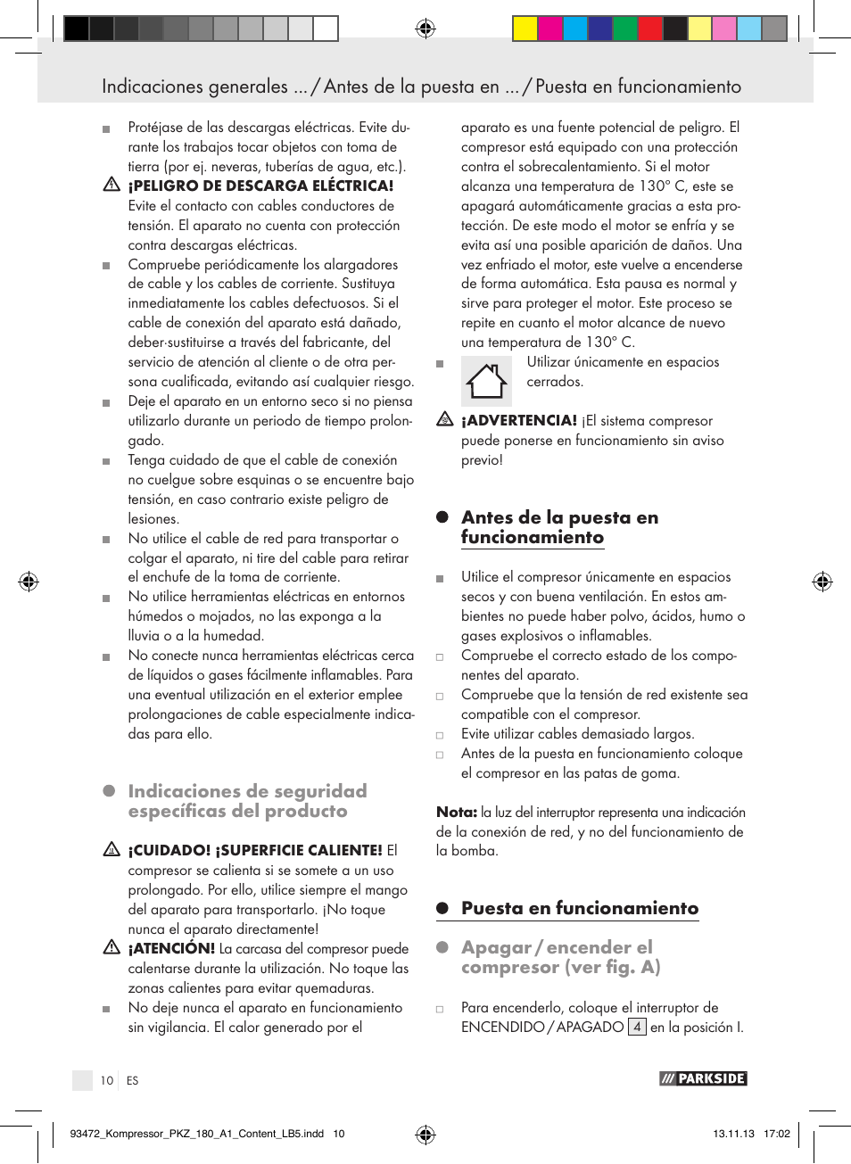 Indicaciones de seguridad específicas del producto, Antes de la puesta en funcionamiento, Puesta en funcionamiento | Apagar / encender el compresor (ver fig. a) | Parkside PKZ 180 A1 User Manual | Page 10 / 55