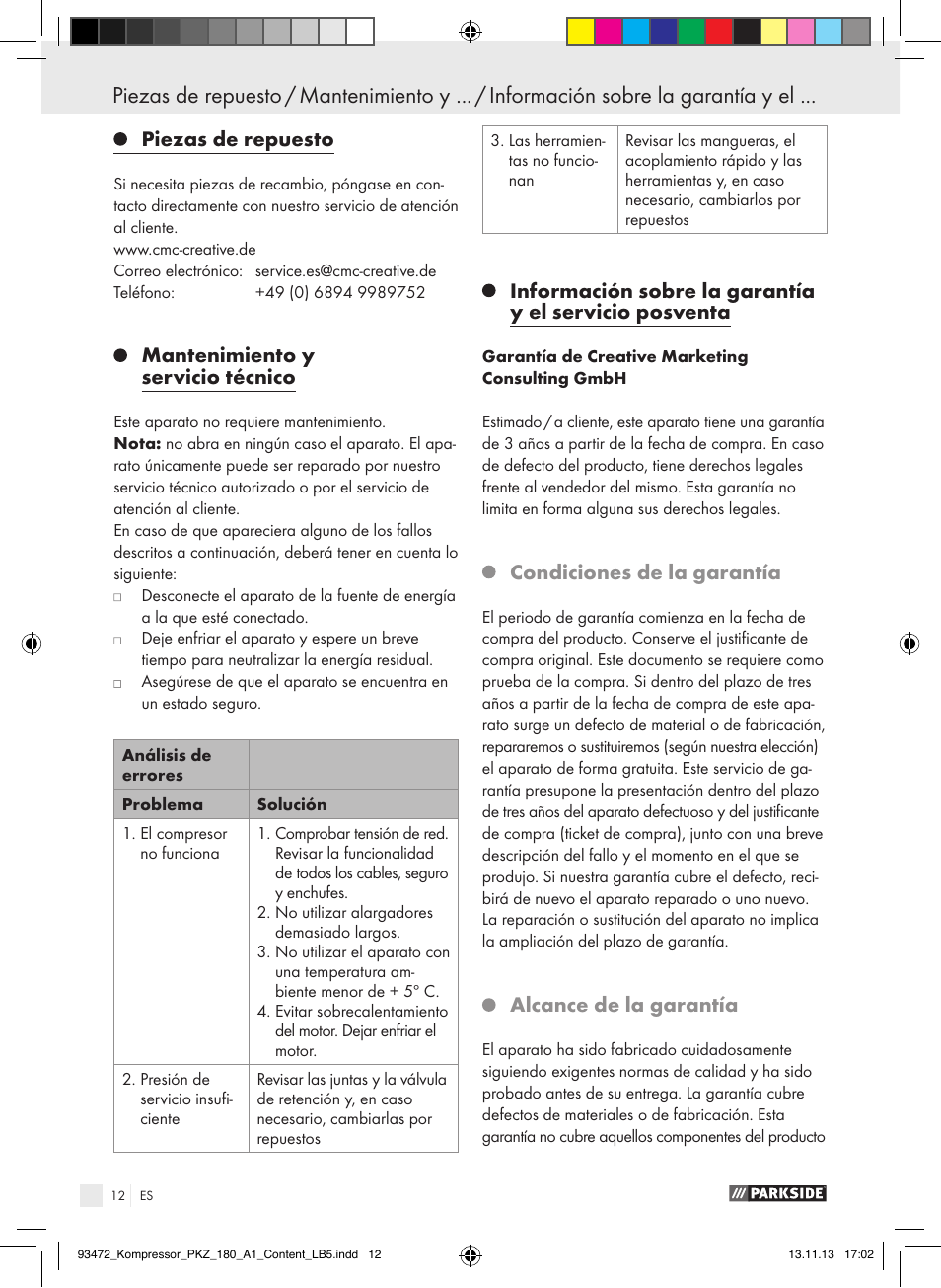 Piezas de repuesto, Mantenimiento y servicio técnico, Condiciones de la garantía | Alcance de la garantía | Parkside PKZ 180 A1 User Manual | Page 12 / 55