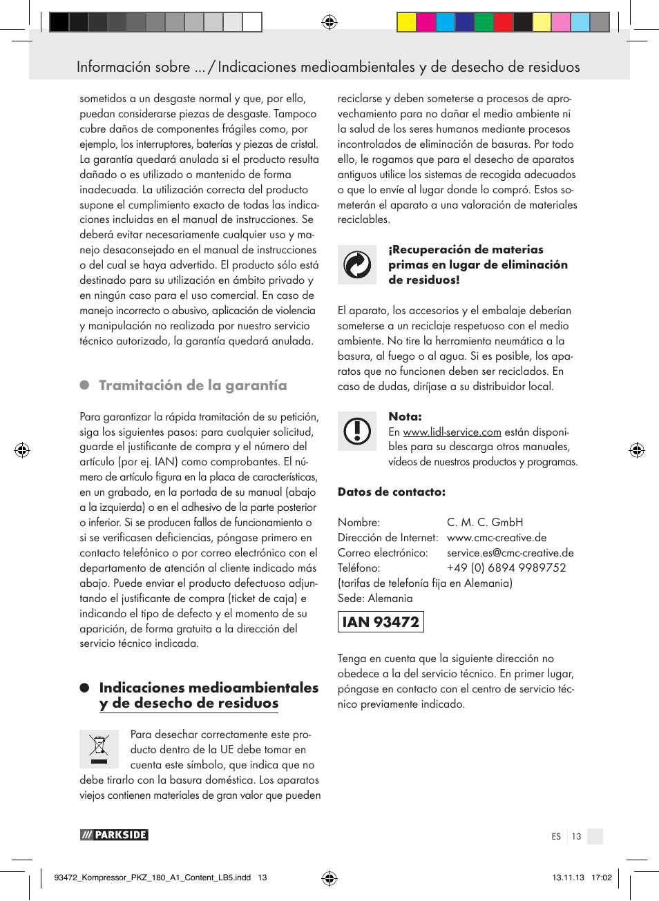 Tramitación de la garantía | Parkside PKZ 180 A1 User Manual | Page 13 / 55