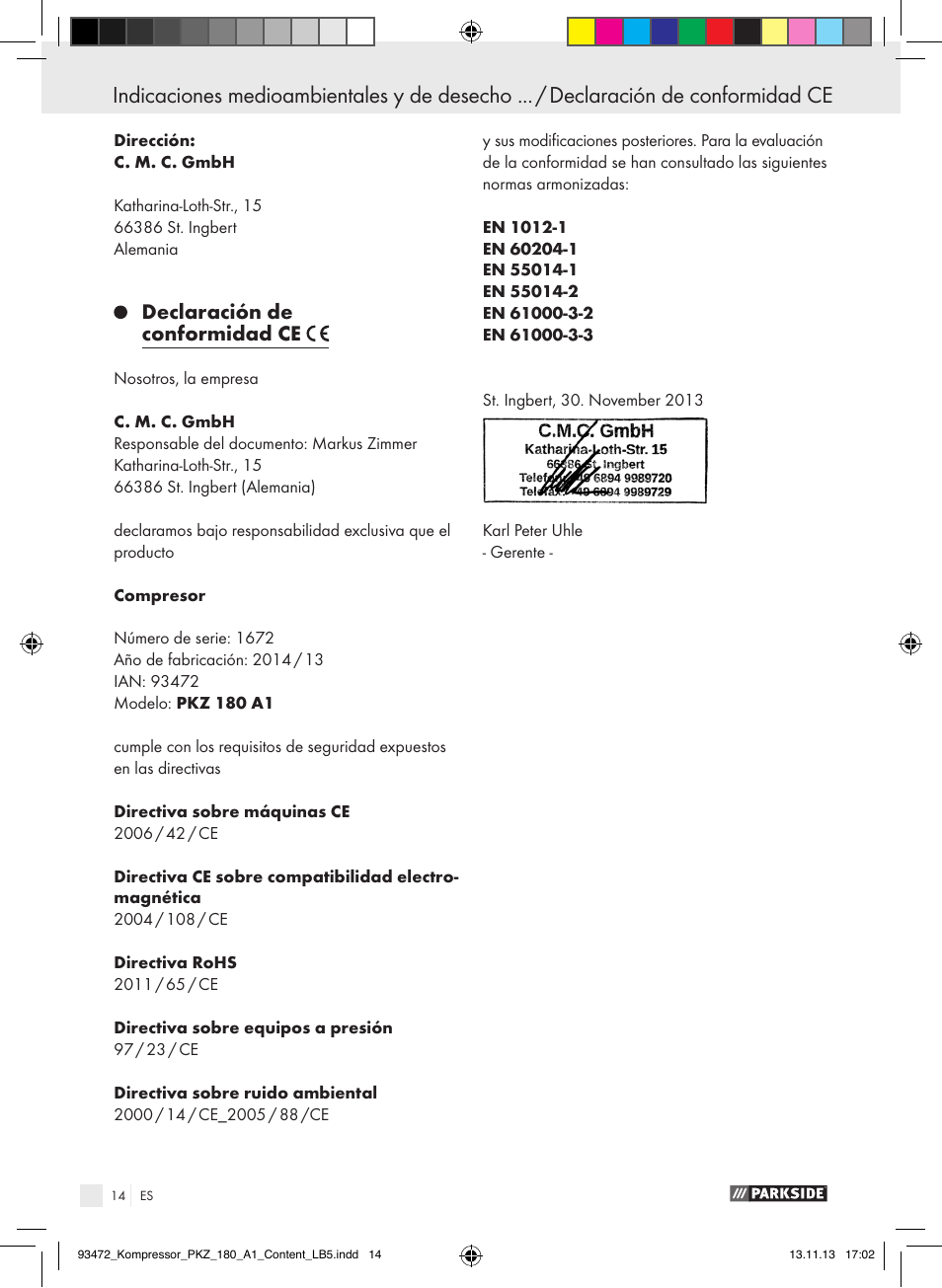 Indice, Declaración de conformidad ce | Parkside PKZ 180 A1 User Manual | Page 14 / 55