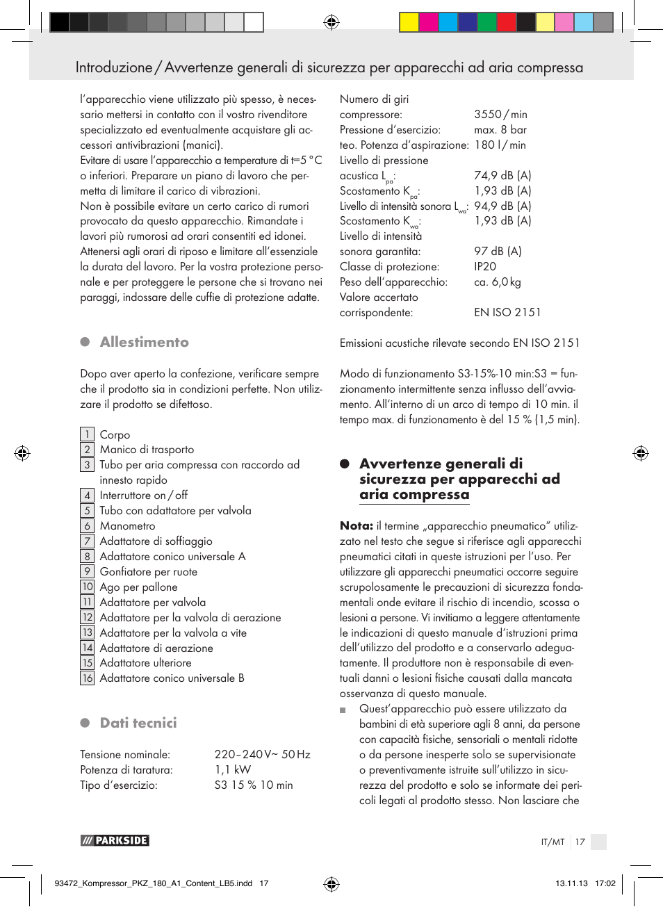 Allestimento, Dati tecnici | Parkside PKZ 180 A1 User Manual | Page 17 / 55