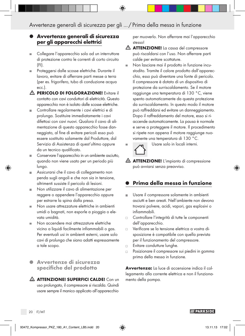 Avvertenze di sicurezza specifiche del prodotto, Prima della messa in funzione | Parkside PKZ 180 A1 User Manual | Page 20 / 55