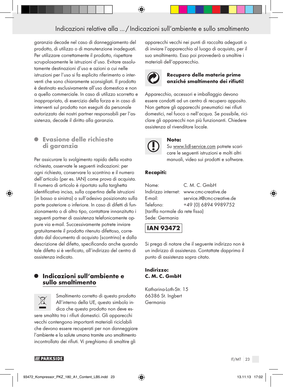 Evasione delle richieste di garanzia, Indicazioni sull‘ambiente e sullo smaltimento | Parkside PKZ 180 A1 User Manual | Page 23 / 55