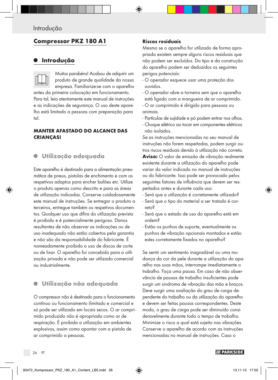 Compressor pkz 180 a1 introdução, Utilização adequada, Utilização não adequada | Parkside PKZ 180 A1 User Manual | Page 26 / 55