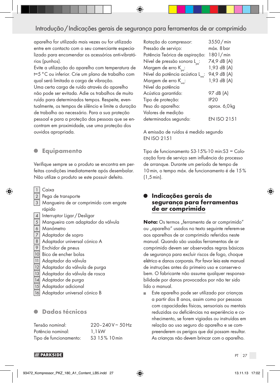 Equipamento, Dados técnicos | Parkside PKZ 180 A1 User Manual | Page 27 / 55