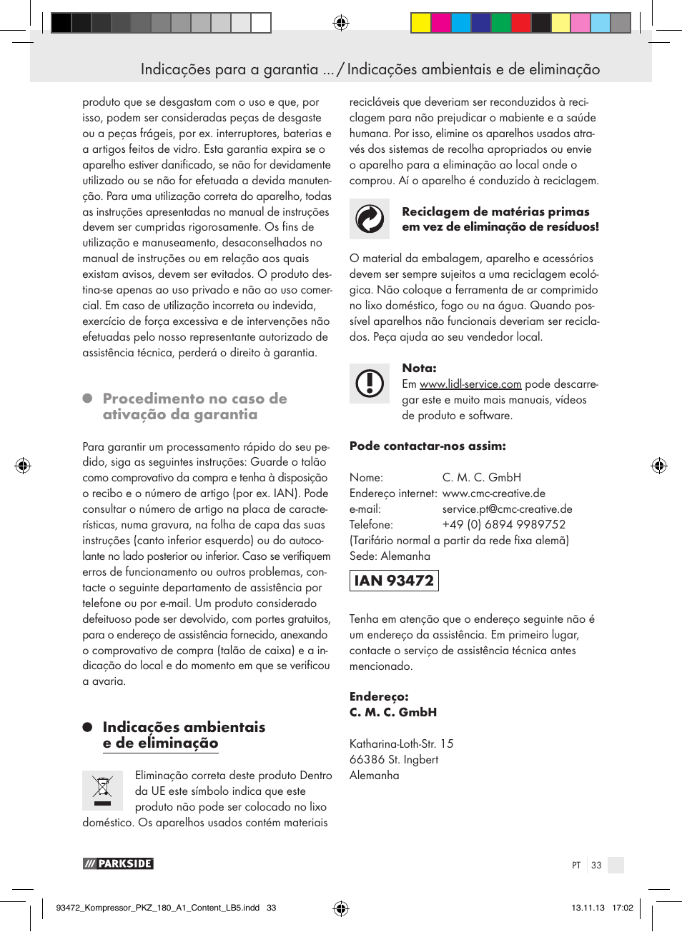 Procedimento no caso de ativação da garantia, Indicações ambientais e de eliminação | Parkside PKZ 180 A1 User Manual | Page 33 / 55