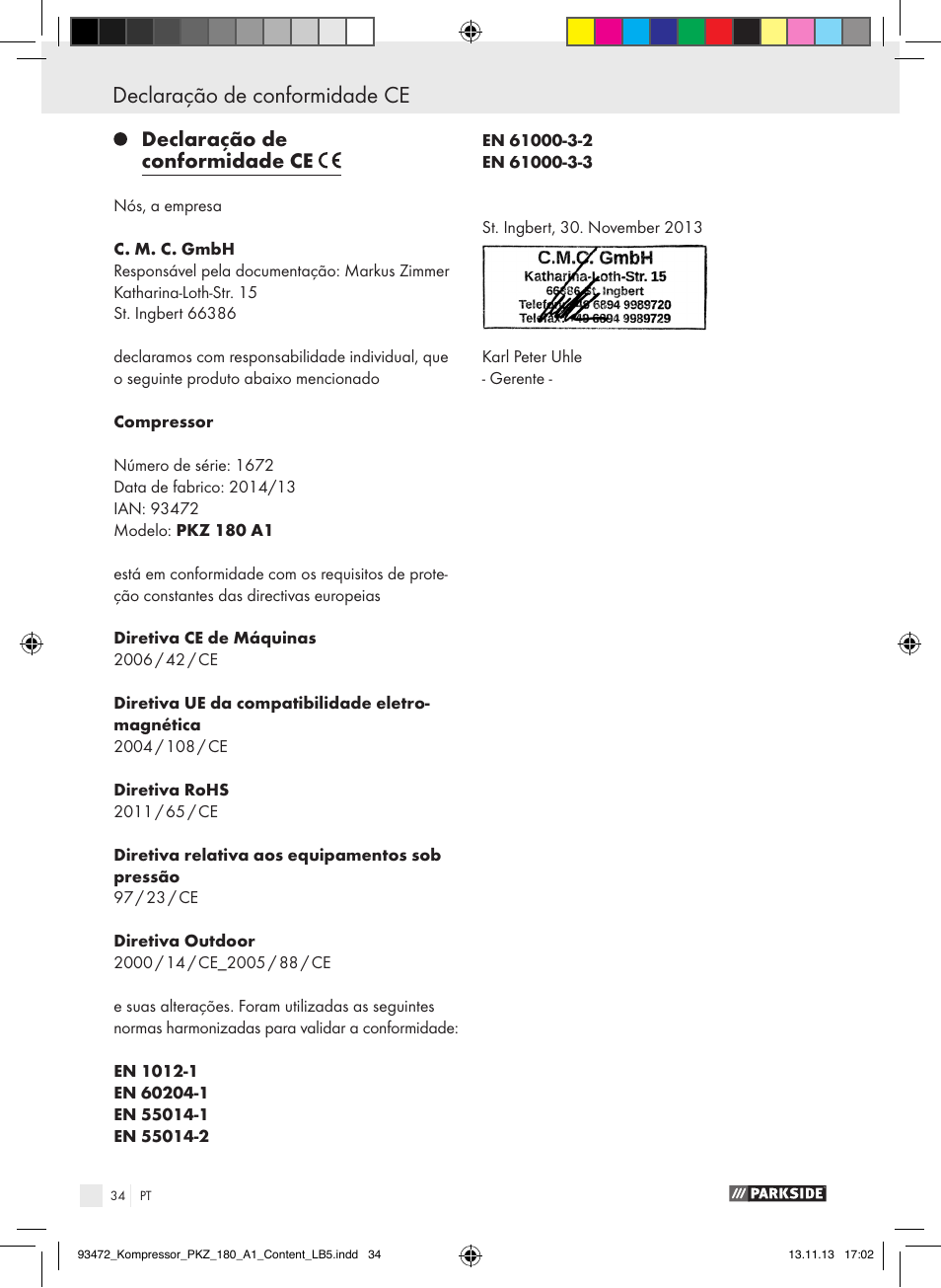 Table of contents declaração de conformidade ce, Declaração de conformidade ce | Parkside PKZ 180 A1 User Manual | Page 34 / 55