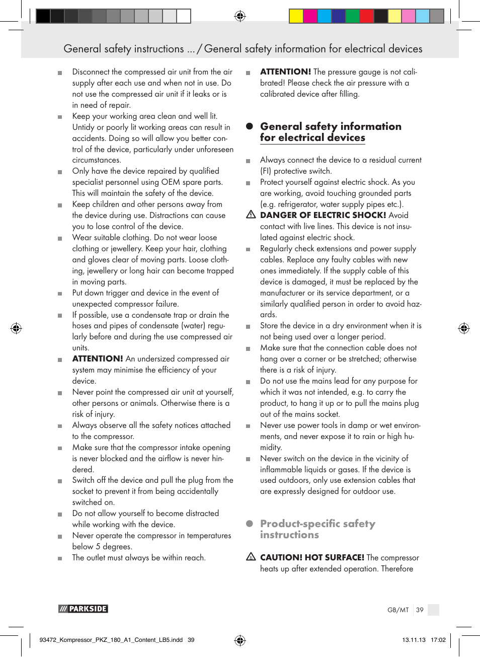 General safety information for electrical devices, Product-specific safety instructions | Parkside PKZ 180 A1 User Manual | Page 39 / 55