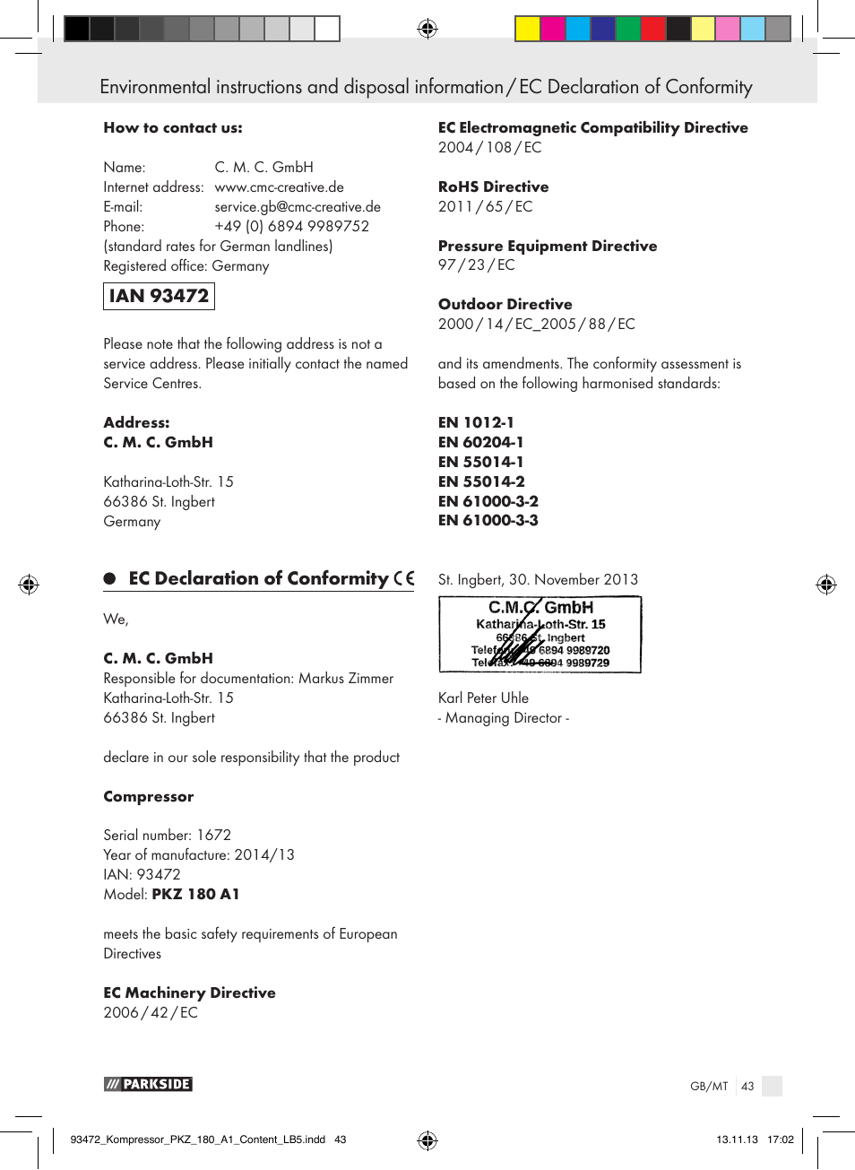 Ec declaration of conformity | Parkside PKZ 180 A1 User Manual | Page 43 / 55