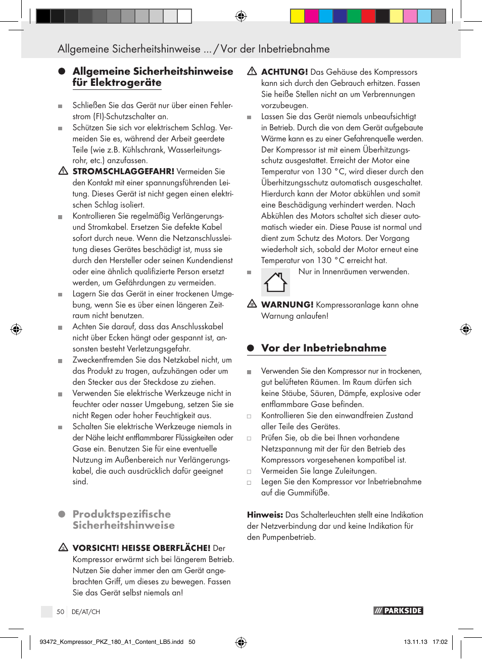 Allgemeine sicherheitshinweise für elektrogeräte, Produktspezifische sicherheitshinweise, Vor der inbetriebnahme | Parkside PKZ 180 A1 User Manual | Page 50 / 55