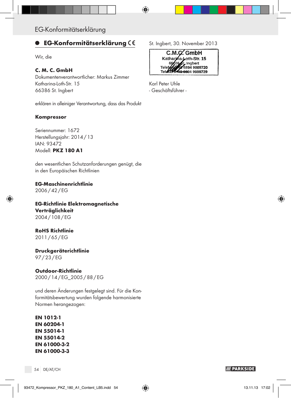 Eg-konformitätserklärung | Parkside PKZ 180 A1 User Manual | Page 54 / 55