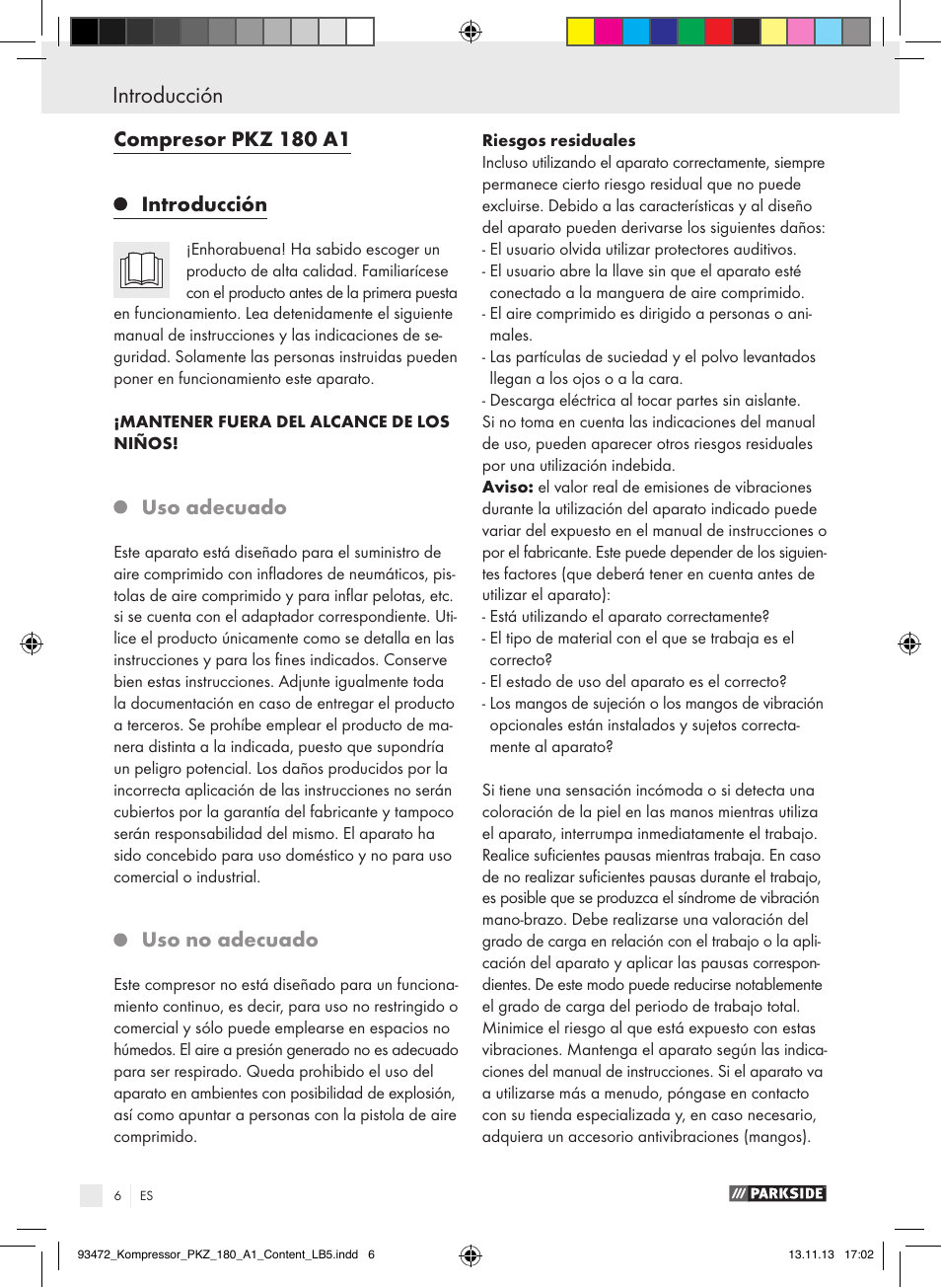 Compresor pkz 180 a1 introducción, Uso adecuado, Uso no adecuado | Parkside PKZ 180 A1 User Manual | Page 6 / 55