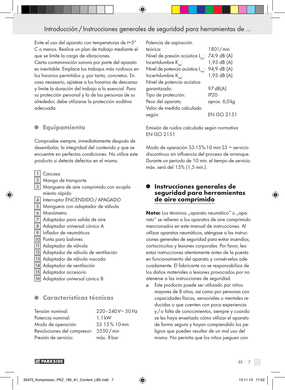 Equipamiento, Características técnicas | Parkside PKZ 180 A1 User Manual | Page 7 / 55