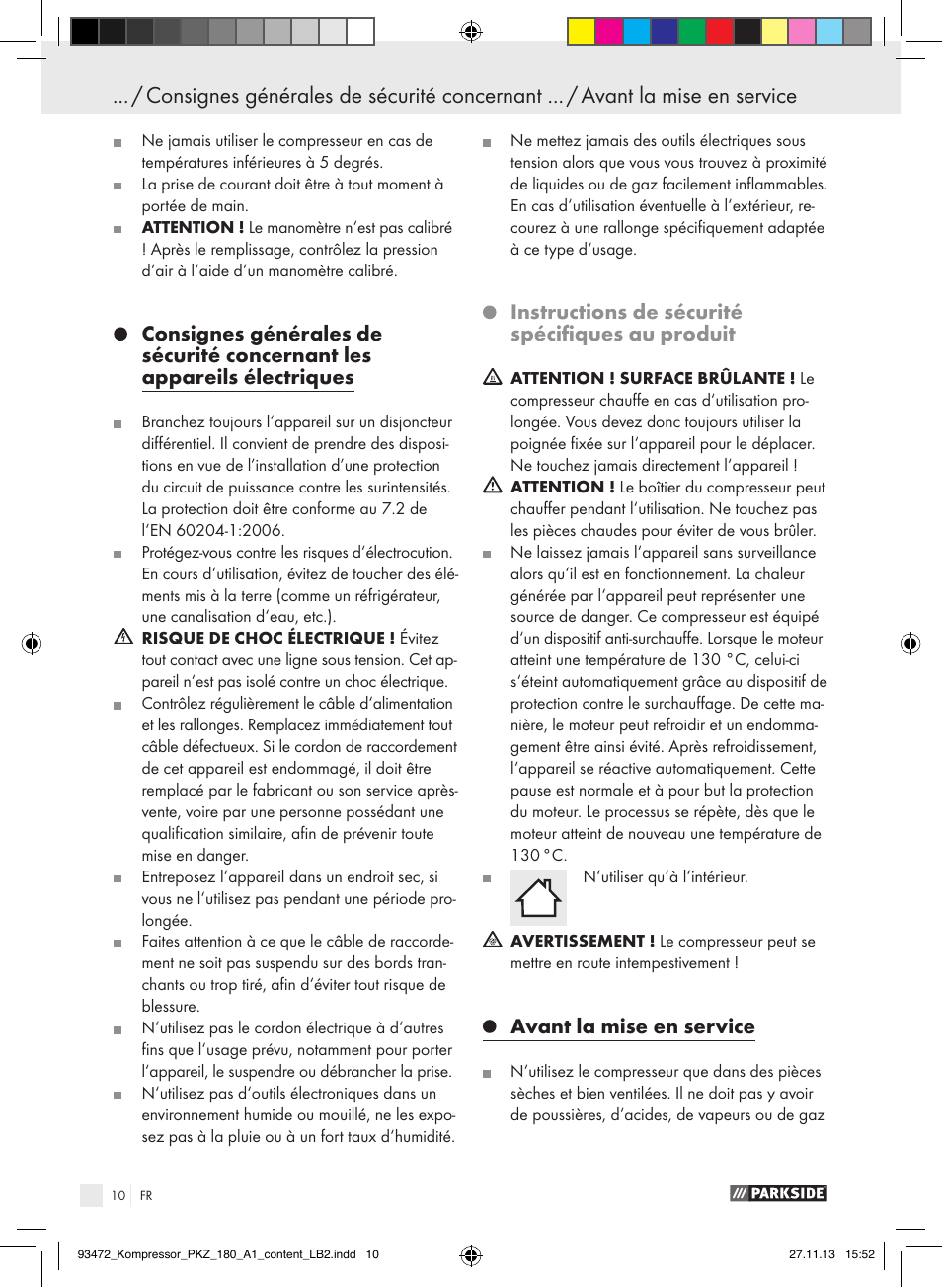 Instructions de sécurité spécifiques au produit, Avant la mise en service | Parkside PKZ 180 A1 User Manual | Page 10 / 34